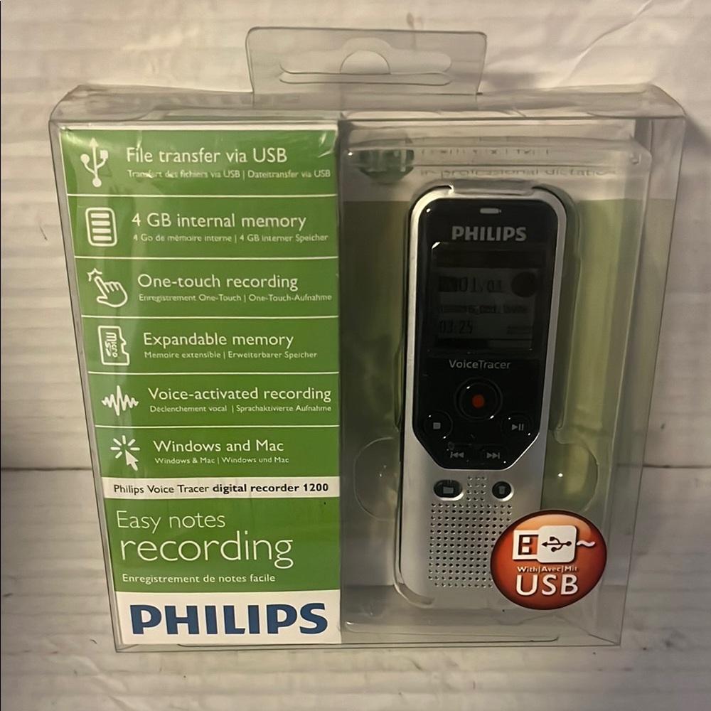 Philips Voice Tracer DVT1200 Stereo MP3 Recording silver w/ USB New 4GB memory